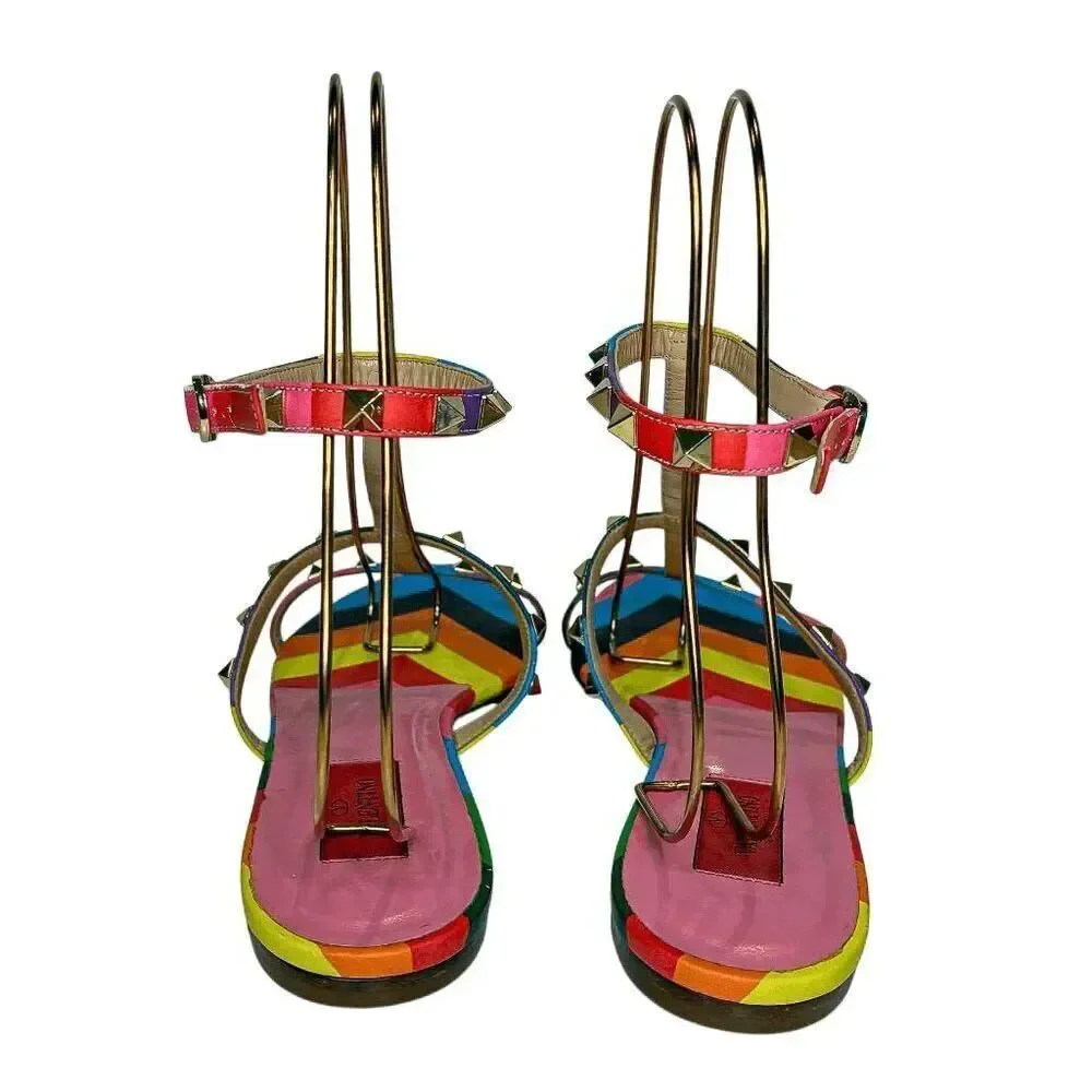 Valentino Multicolor Rockstud Gladiator Rainbow Leather Flat Caged Sandals EU 40